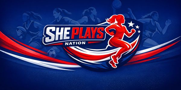 She Plays Nation logo with a running female athlete and sports icons in the background.