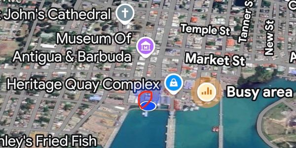 Map showing heritage and busy area near harbor in Antigua &amp; Barbuda.
