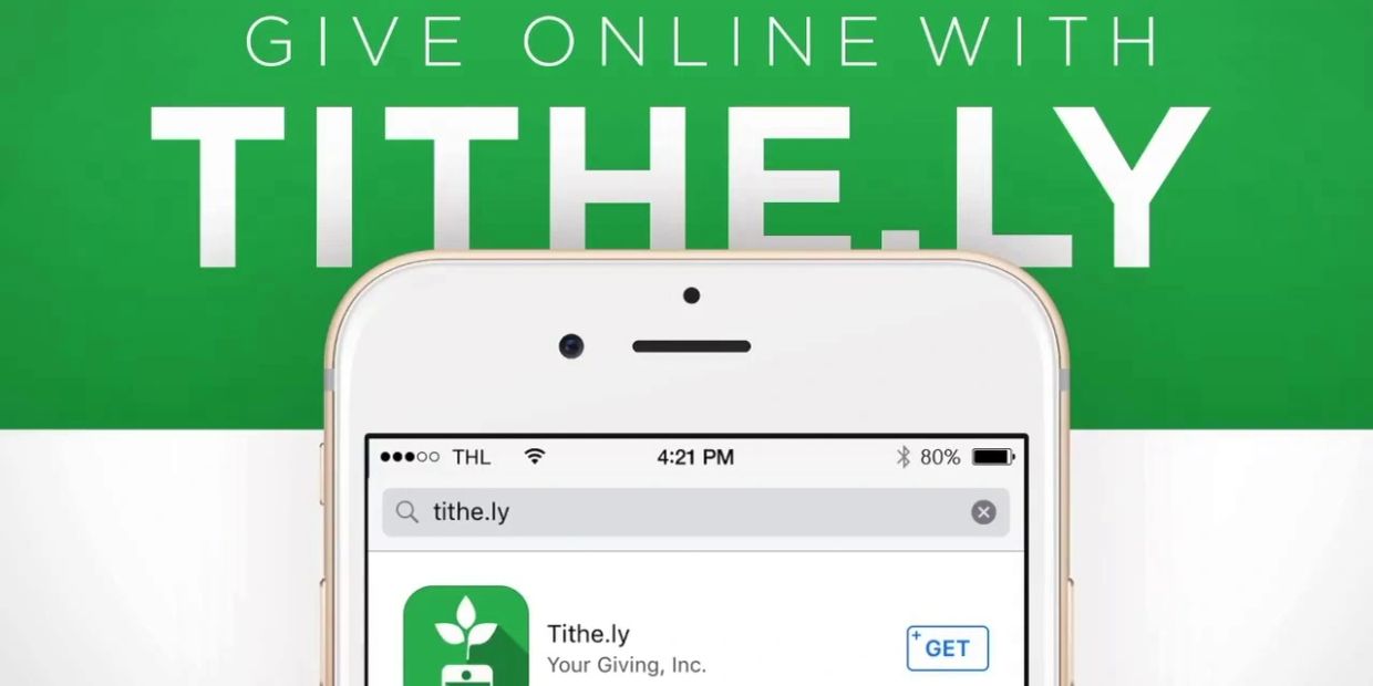 Promotional image encouraging online giving with Tithe.ly app.