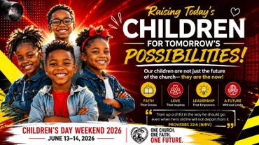 Children smiling joyfully under a bright red background celebrating Children's Day Weekend 2026.