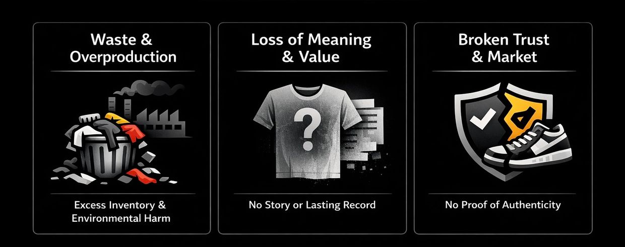 Three panels show issues in production: waste, loss of meaning, and broken market trust.