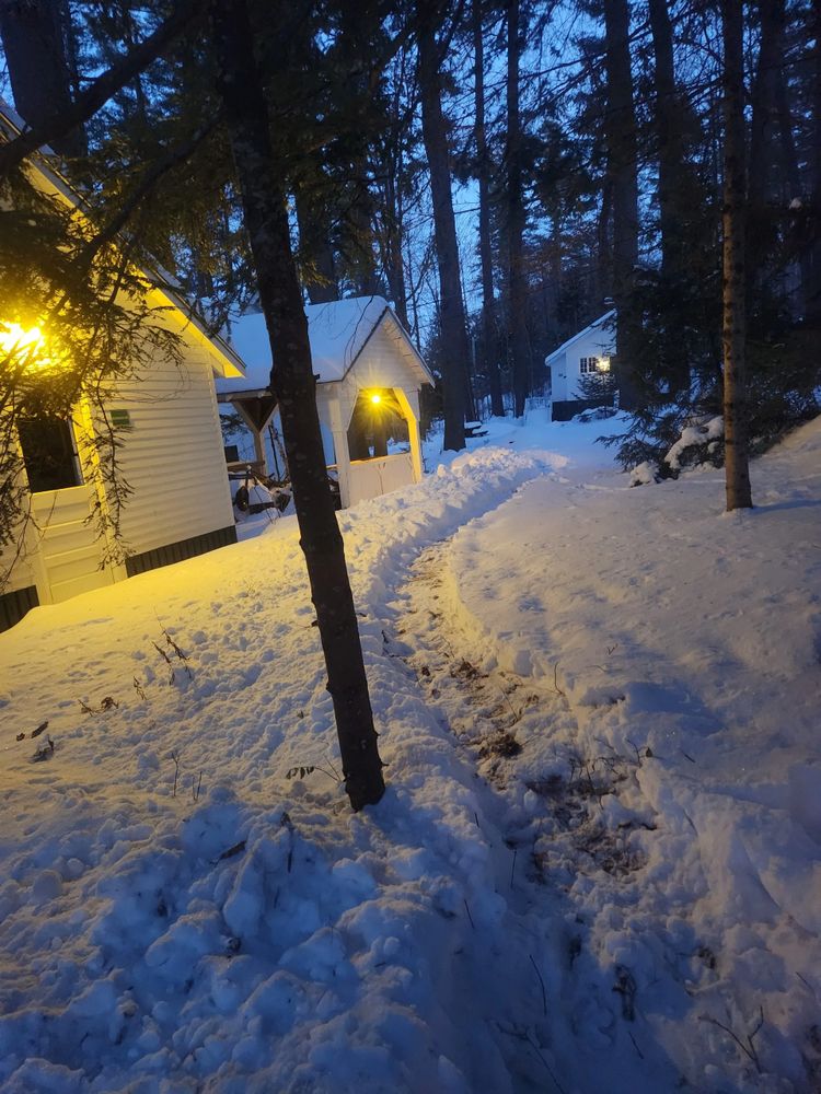 Snow-covered path between illuminated white cabins in a forest at dusk.
