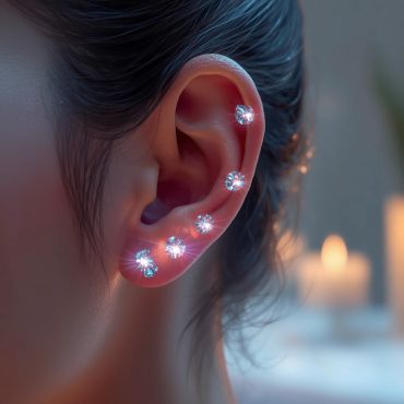 Ear adorned with multiple sparkling diamond earrings.