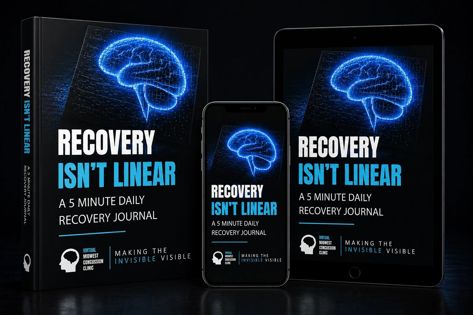 Concussion recovery journal with daily tracking and weekly reflection.