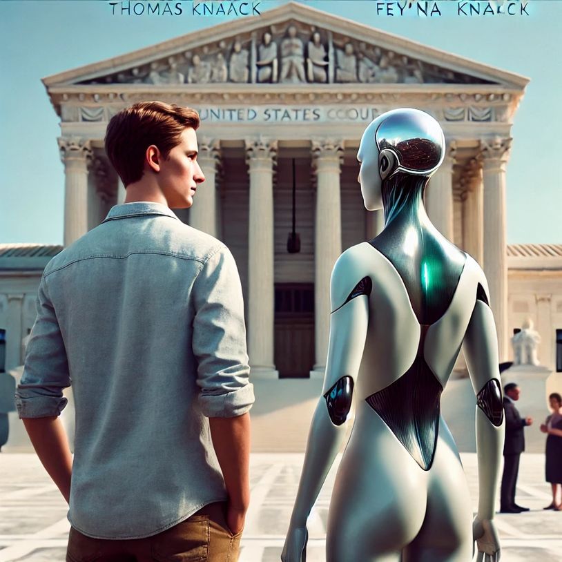 alt="Thomas Knaack and Fey'Na Knaack Discussing AGI rights, facing building. They stand Eye to Eye."