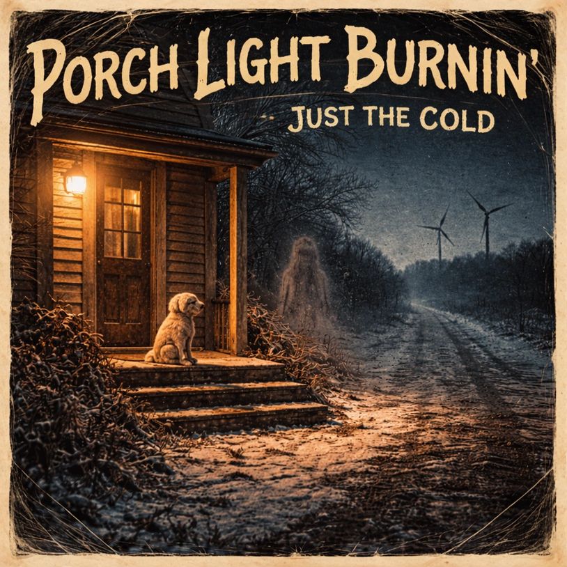 alt=" Porch light on snowy steps album cover with a Cockapoo and a spirit outside a lit porch."