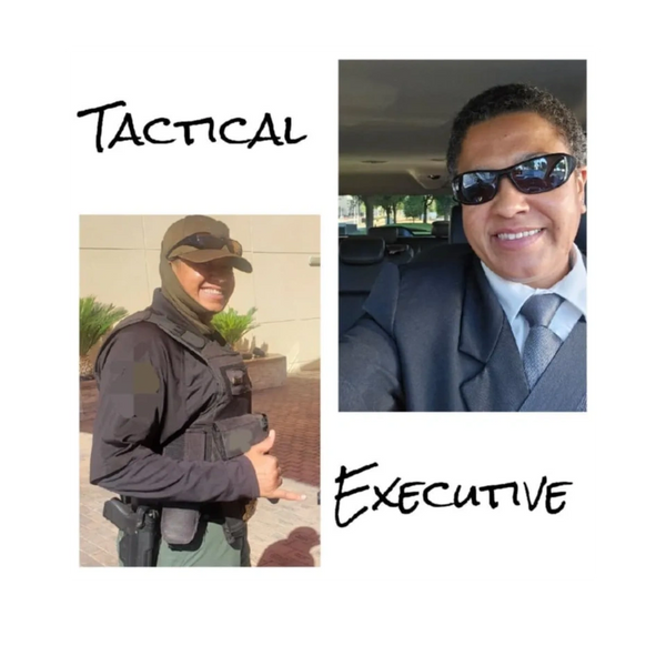 A person shown in tactical gear and then in executive attire, smiling in both.