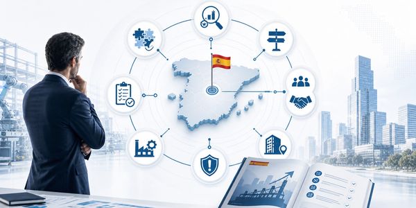 Businessman analyzing Spain's economic and industrial landscape with digital icons.