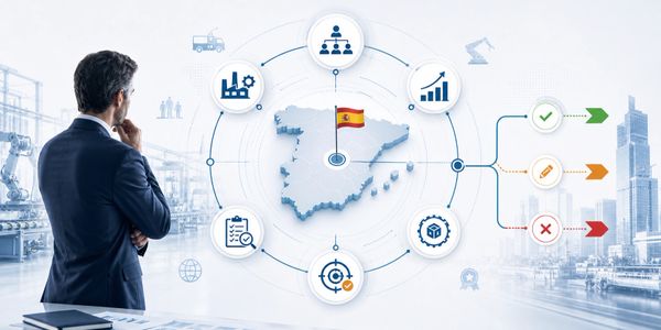 Businessman analyzing Spain's economic and industrial data on a digital interface.
