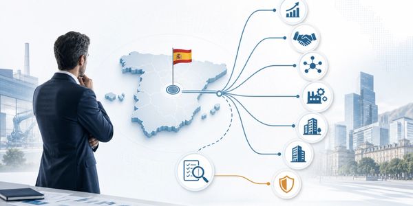 Businessman analyzing Spain's economic and industrial sectors on a digital map.