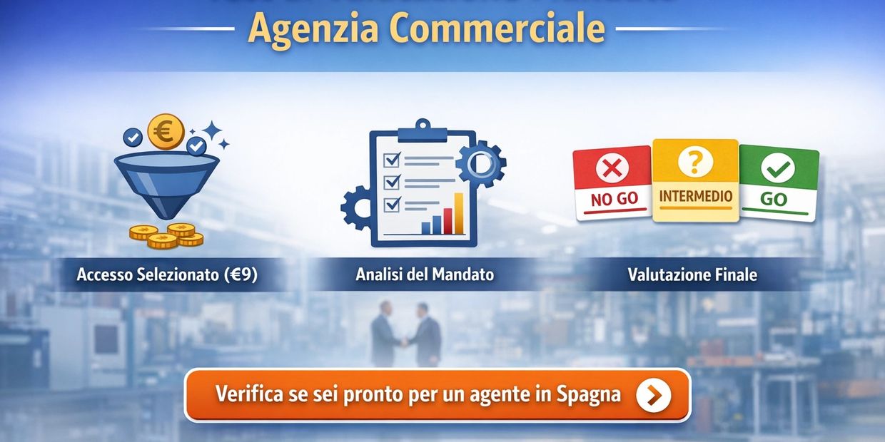 Commercial agency process with steps: selected access, mandate analysis, final evaluation, and readiness check for Spain.
