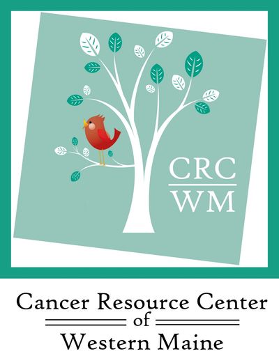 Logo of Cancer Resource Center of Western Maine with a tree and red bird.