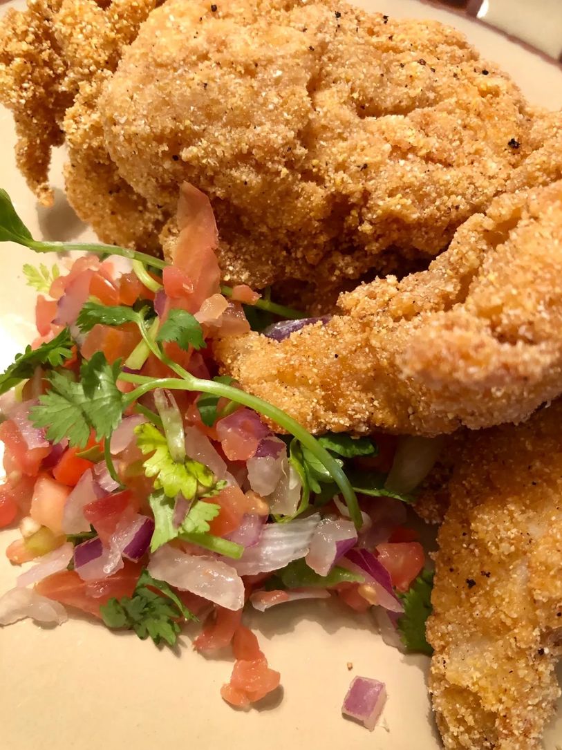 Close-up of fried food with fresh salsa and cilantro.