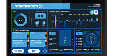 Digital golf performance dashboard displaying detailed shot and driving statistics.