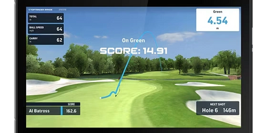 Golf simulation screen showing scores and shot details with a green landscape.