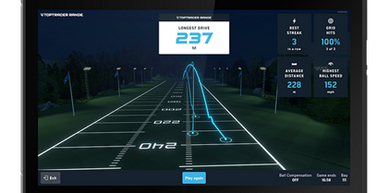 Golf simulator screen showing a longest drive of 237 meters.