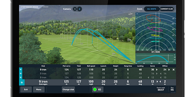 Golf shot analysis displayed on a digital screen with trajectory and stats.