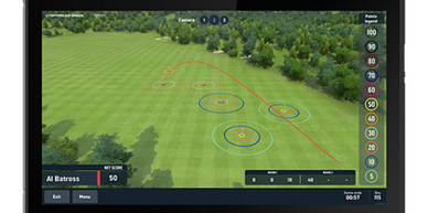 A digital golf putting game showing scores and target circles on a green field.