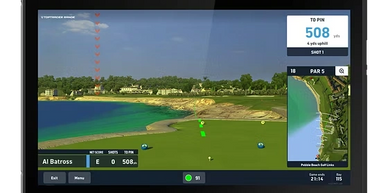 Golf simulator screen showing course and shot details.