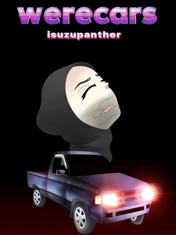 Digital art of a hooded face and a glowing pickup truck under the title "werecars".