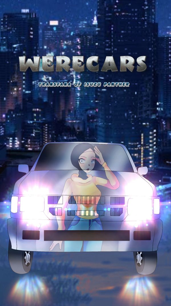 Animated woman driving a glowing car at night in a cityscape.