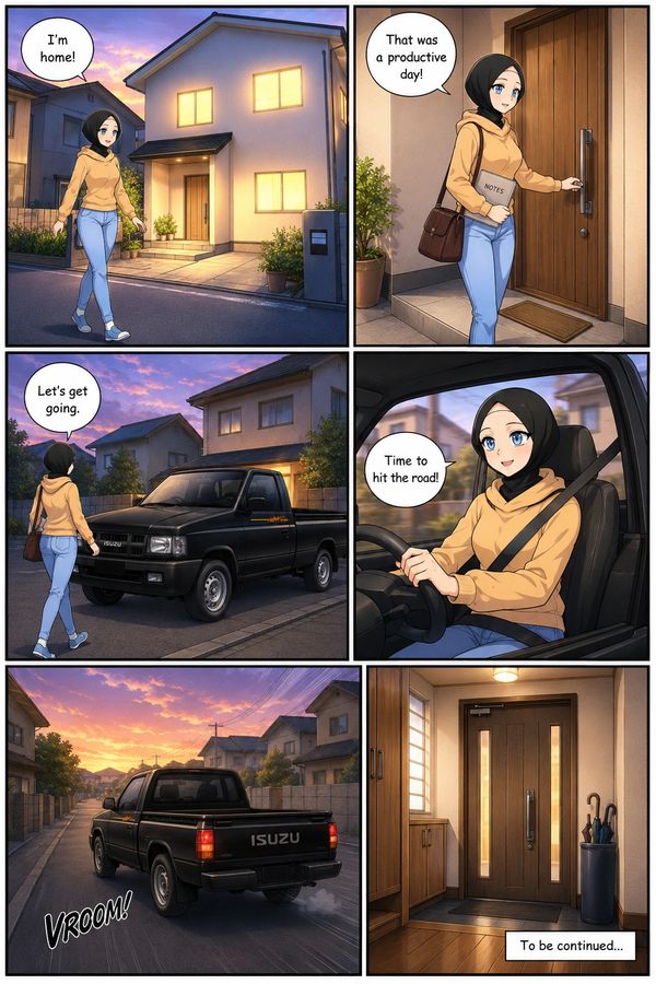 A woman returns home, grabs her truck, and drives off at sunset.