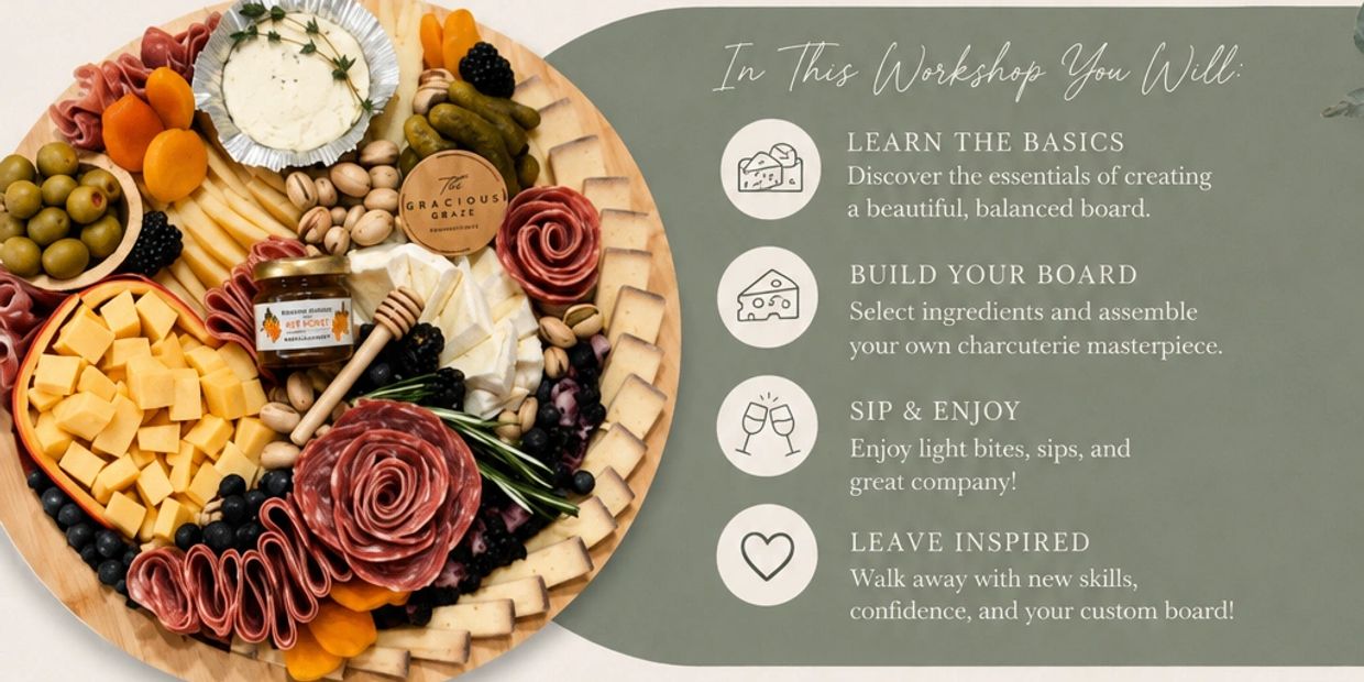 Charcuterie board workshop steps with ingredients and instructions.