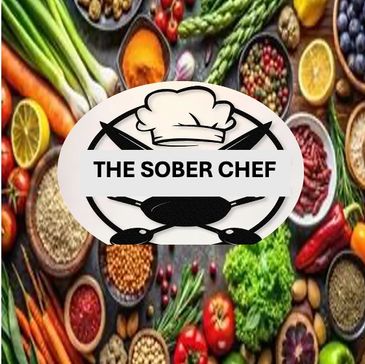Logo of The Sober Chef with fresh ingredients background.