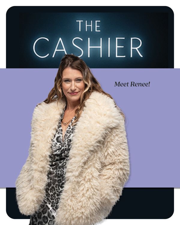 A stylish woman named Renee poses in a fluffy coat against a backdrop featuring 'The Cashier'.