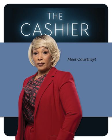 Woman named Courtney in a red suit poses confidently against a blue background with 'The Cashier' text.