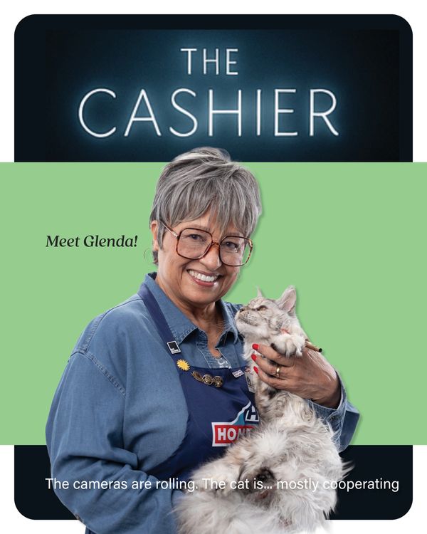Smiling woman named Glenda holding a fluffy cat, introducing her with a friendly message.