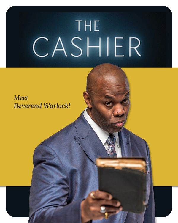 Man in a suit holding a book, introducing Reverend Warlock from The Cashier.