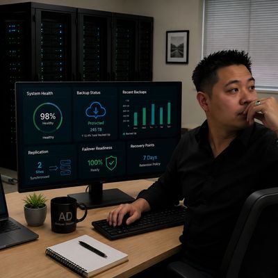 IT professional monitoring system health and backups.