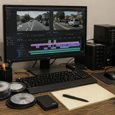 Video editing workspace with monitor, keyboard, and peripherals.