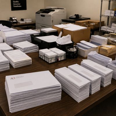 Piles of envelopes and paperwork on a table in an office.