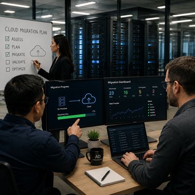 Team working on cloud migration progress and planning.