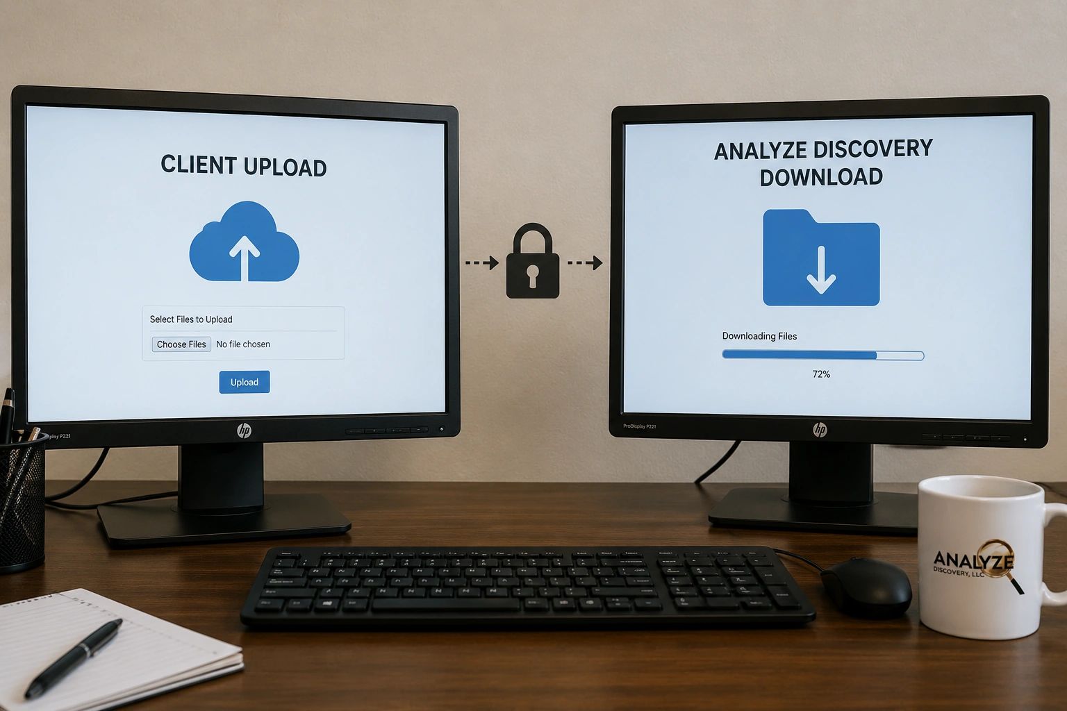Dual monitors showing client upload and analyze discovery download screens.