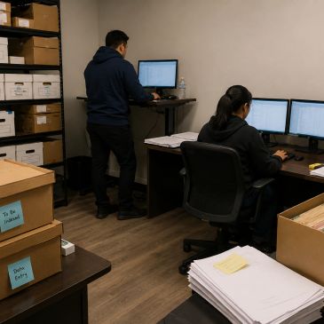 Two people working on computers in an office with files and boxes.