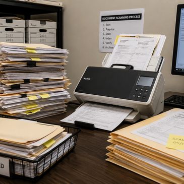 Document scanner with stacks of papers and folders on desk.