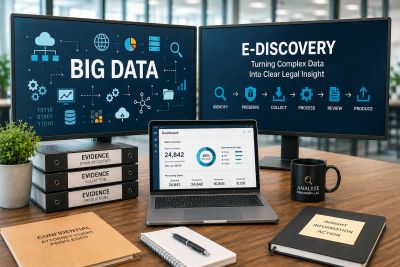 Office desk with big data and e-discovery setup on screens.