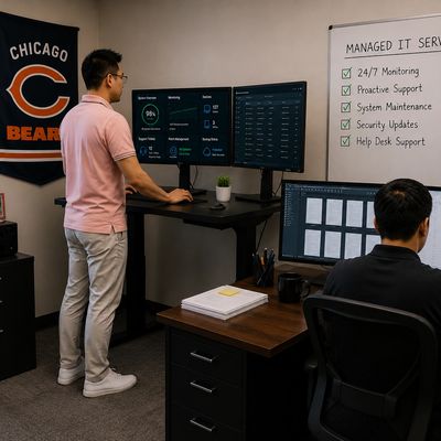 Two men working at a tech office with dual monitors and IT support checklist.