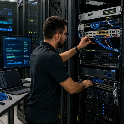 Technician managing servers in a data center.