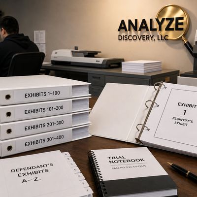 Legal exhibits and trial notebooks on a desk in a discovery office.