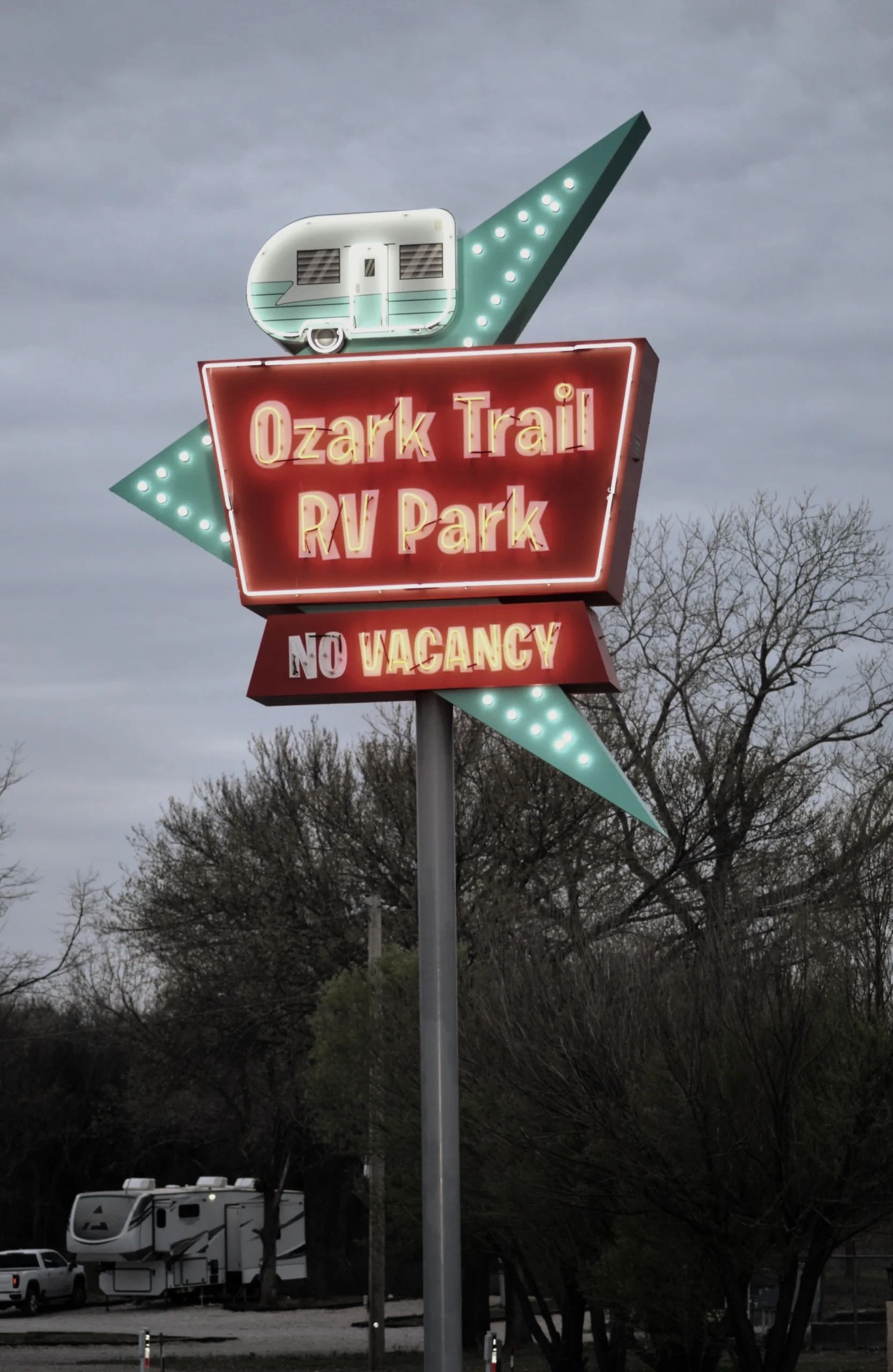 Neon sign Route 66 Ozark Trail RV Park