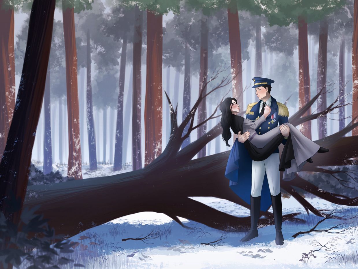 Man in uniform carrying woman in dress in snowy forest.