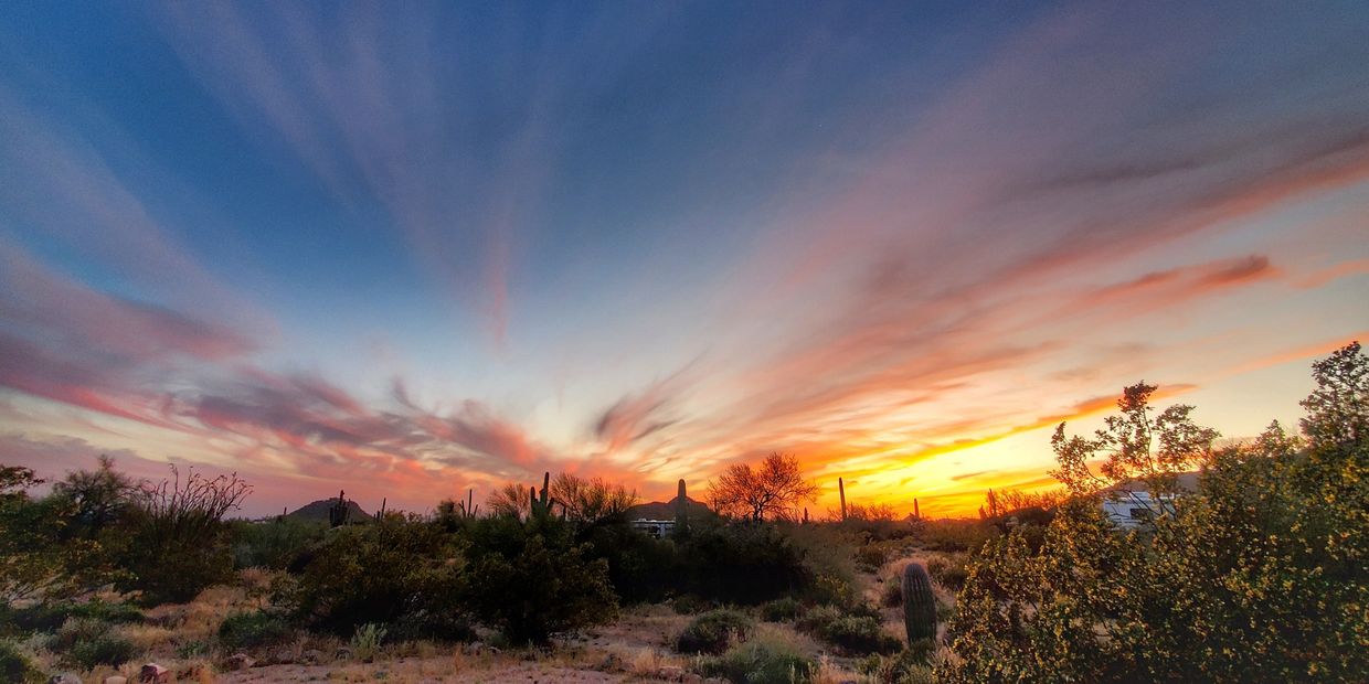Sunset over a desert landscape with cacti and vibrant clouds.