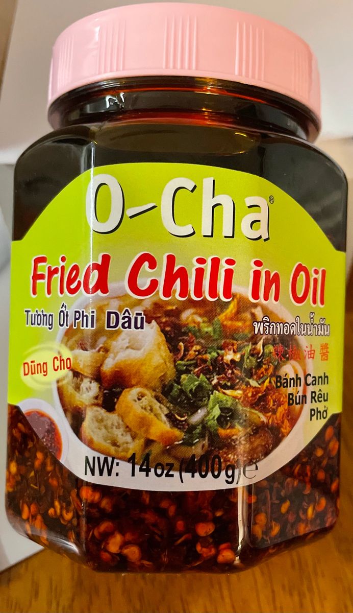 Fried Chili in Oil O Cha Brand in Large Size Jar of 14 oz. 400 g. Gluten Free Vegan