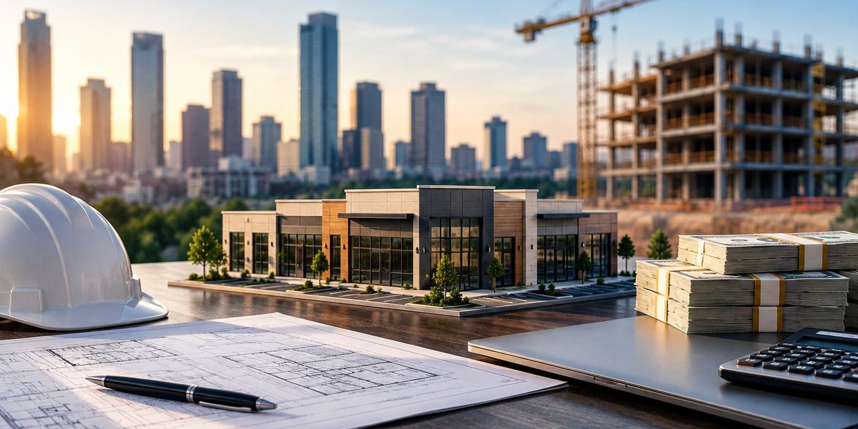 Architectural model with construction tools and cash in city setting.