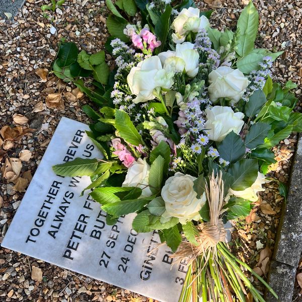 Funeral flowers graveside flowers white flat lay flowers sympathy flowers funeral arrangement 