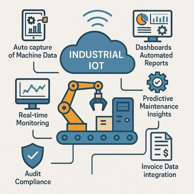 Illustration of Industrial IoT with automated data capture and real-time monitoring.